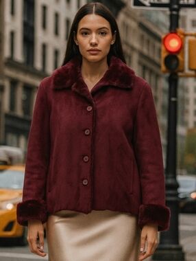 Coaco Womens Burgundy Penny Lane Coat Size S Faux Suede & Fur Mob Wife Statement